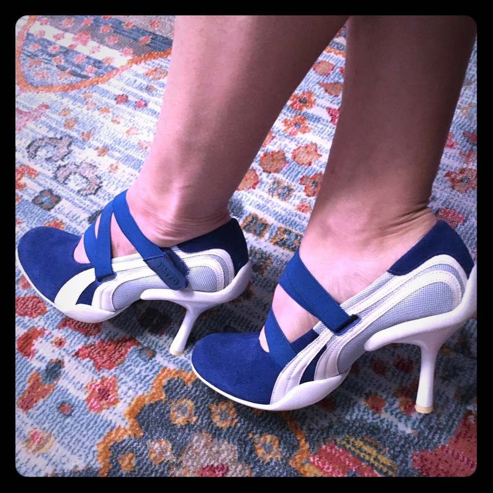 Blue sneaker- like high heeled shoes size 8